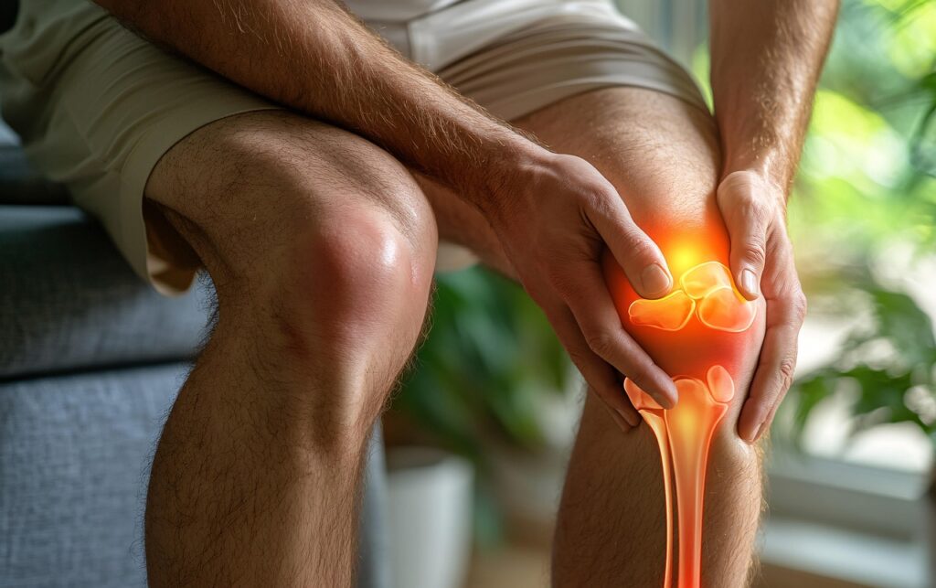 Person sitting and holding knee in pain, with highlighted red-orange anatomical joint illustration showing inflammation, representing common winter joint pain flares in January and how chiropractic helps relieve it naturally at ChiroCure Health Center in Jacksonville, FL