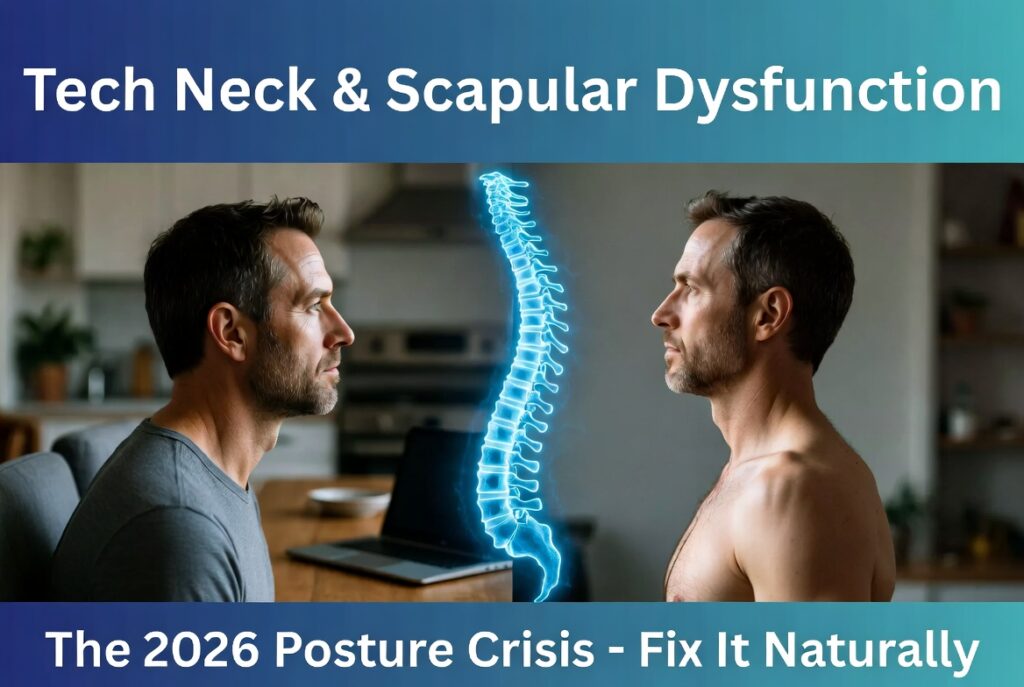 Tech Neck and Scapular Dysfunction: How Jacksonville Office Workers Can Stand Tall Again in 2026 Dad showing tech neck before and after posture correction at home