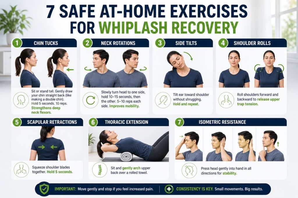 7 safe at-home exercises for whiplash recovery including chin tucks, neck rotations and shoulder rolls
