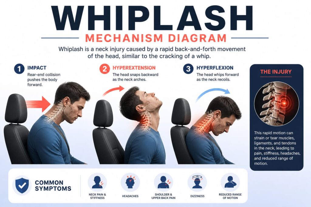 Whiplash mechanism diagram showing rear-end collision, hyperextension and hyperflexion injury to the neck