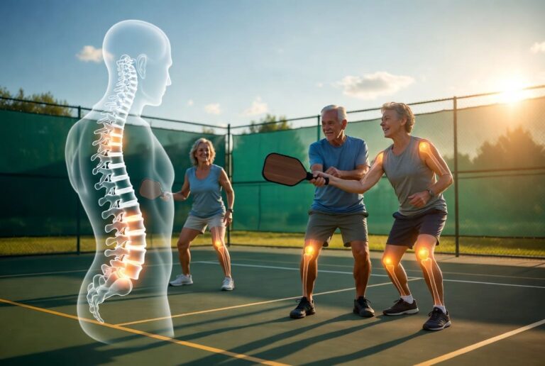 Senior couple playing pickleball on a sunny outdoor court in Jacksonville with text overlay 'Prevent Pickleball Injuries & Play Pain-Free' – Chiropractic wellness and joint health