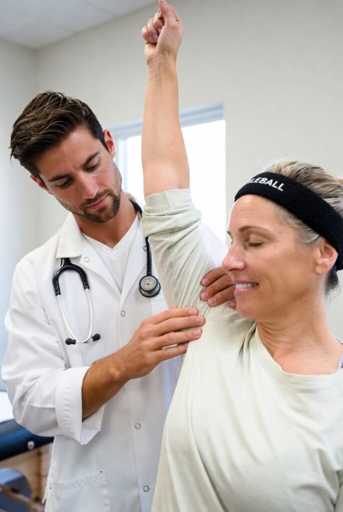 Chiropractor performing gentle shoulder adjustment on a smiling female pickleball player at ChiroCure Health Center in Jacksonville, Florida
