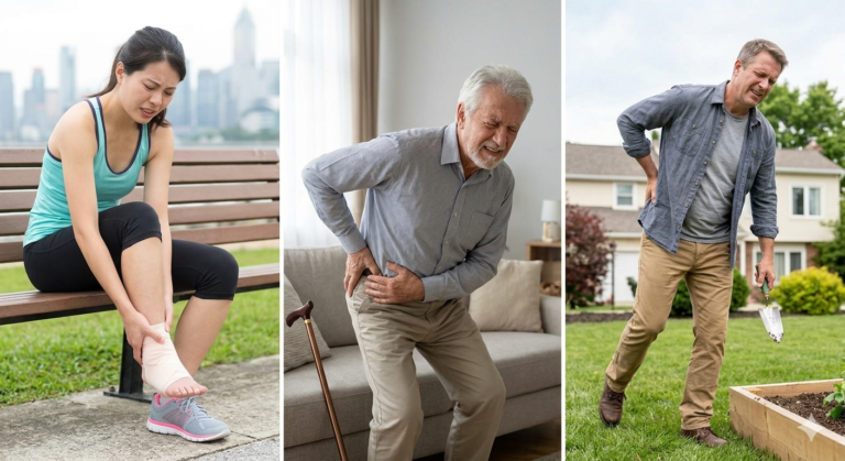 Overcoming ankle and hip pain in Jacksonville through localized chiropractic care. A three-panel collage illustrating ankle and hip pain in Jacksonville residents, featuring a female runner clutching her wrapped ankle, an elderly man holding his painful hip, and a dad limping while gardening in his backyard.