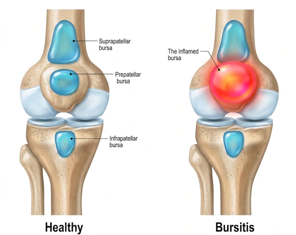 Comparison of healthy knee bursa and inflamed bursitis showing swelling and irritation