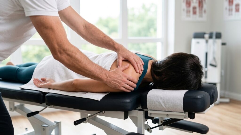 Chiropractor performing gentle adjustment to help relieve bursitis pain and improve joint mobility
