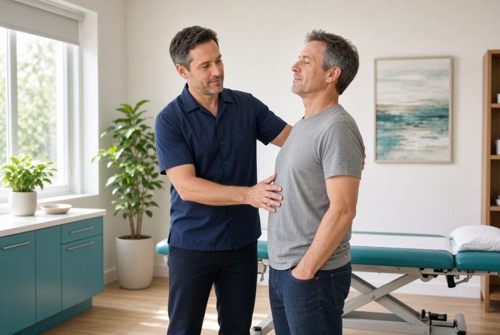 Movement Heals: How Daily Activity Reduces Pain Without Drugs Chiropractor guiding a patient through posture and movement in a clinic