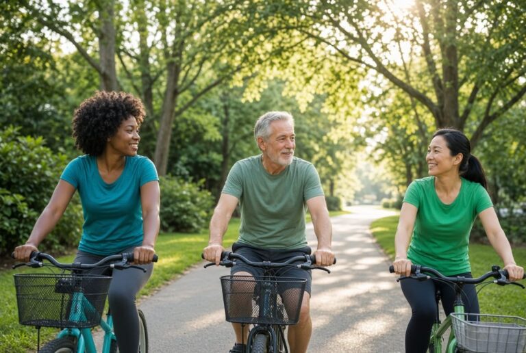 Three adults of different ages riding bikes together on a sunny tree-lined path