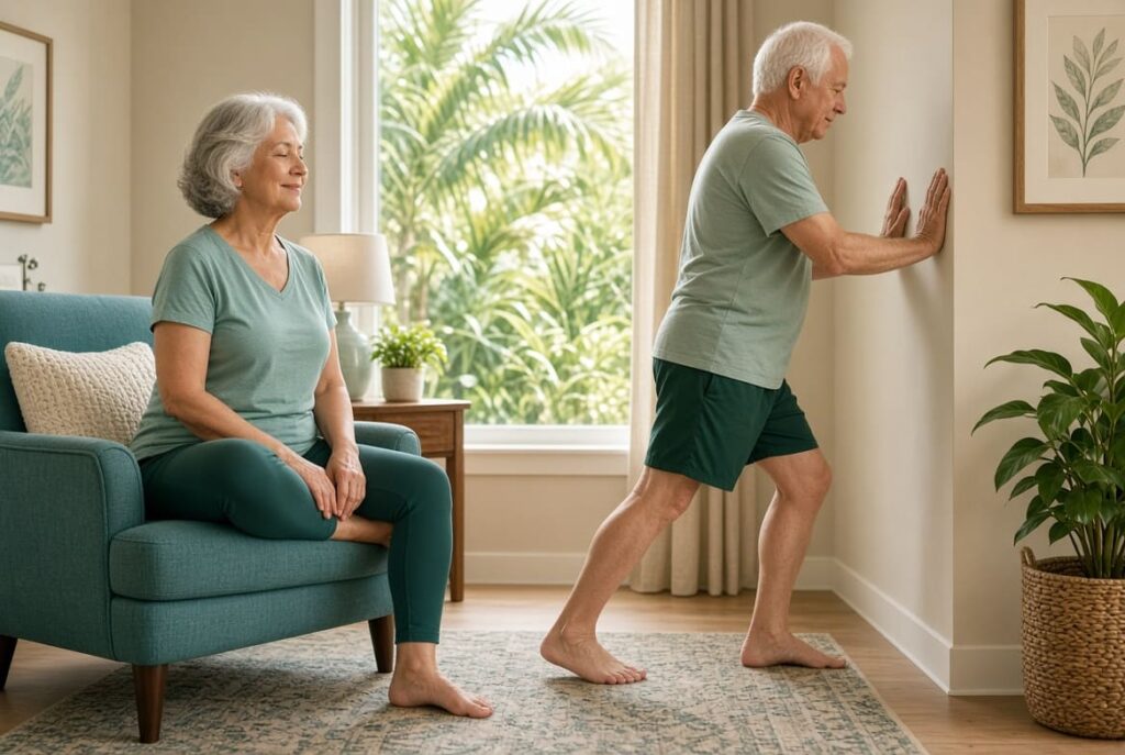 Movement Heals: How Daily Activity Reduces Pain Without Drugs Older couple doing gentle morning mobility stretches at home