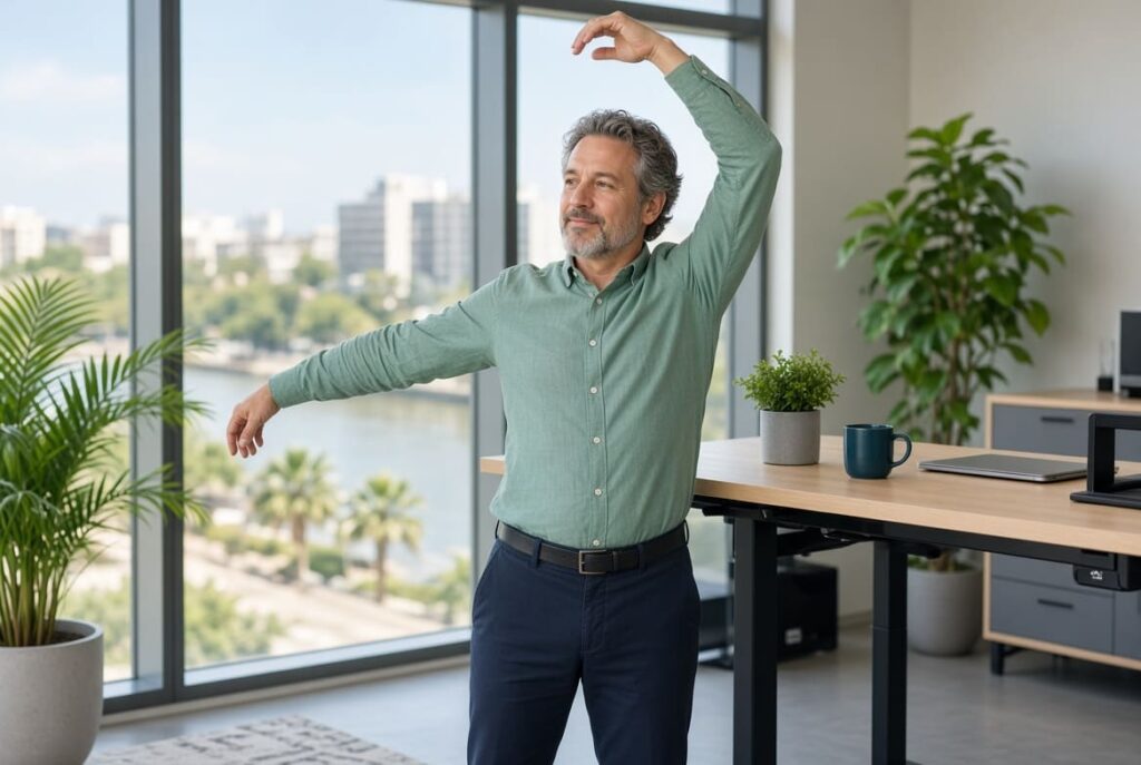 Movement Heals: How Daily Activity Reduces Pain Without Drugs Office professional stretching beside a standing desk