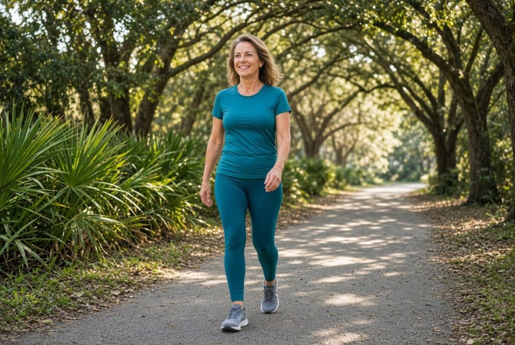 Movement Heals: How Daily Activity Reduces Pain Without Drugs Woman taking a walking break on a shaded Florida park path